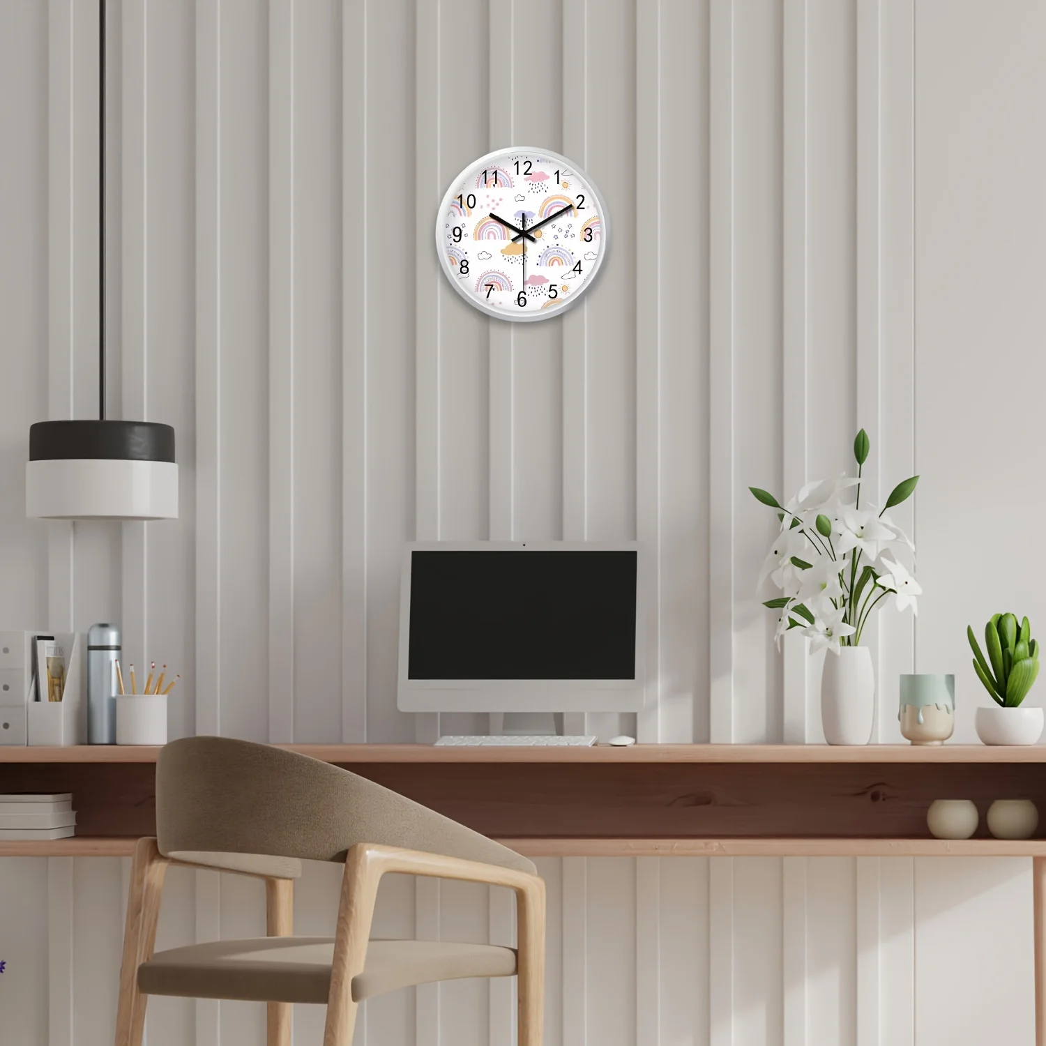 An 8-inch cartoon rainbow plastic clock wall Mute clock, Living Room Bedroom Dining Room Kitchen Classroom Playground Outdoor wall decoration, Gift for Friends (no battery)