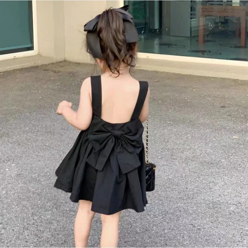 Summer Girls' Cotton Camisole Dress New Fashionable Children's Baby Backless Bow Tie Dress