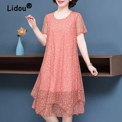 Women's Clothing Summer Fashion Print Mesh Irregular Tierred Midi Dress Elegant Short Sleeve Loose Ladies Party Dresses Vestidos