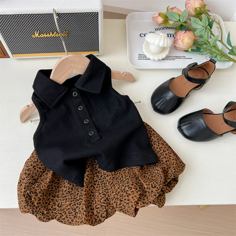 Children's Clothing2024Summer New Style Girls' Western Style Sleeveless Vest Fashionable Leopard Print Bud-Shaped Pants Suit