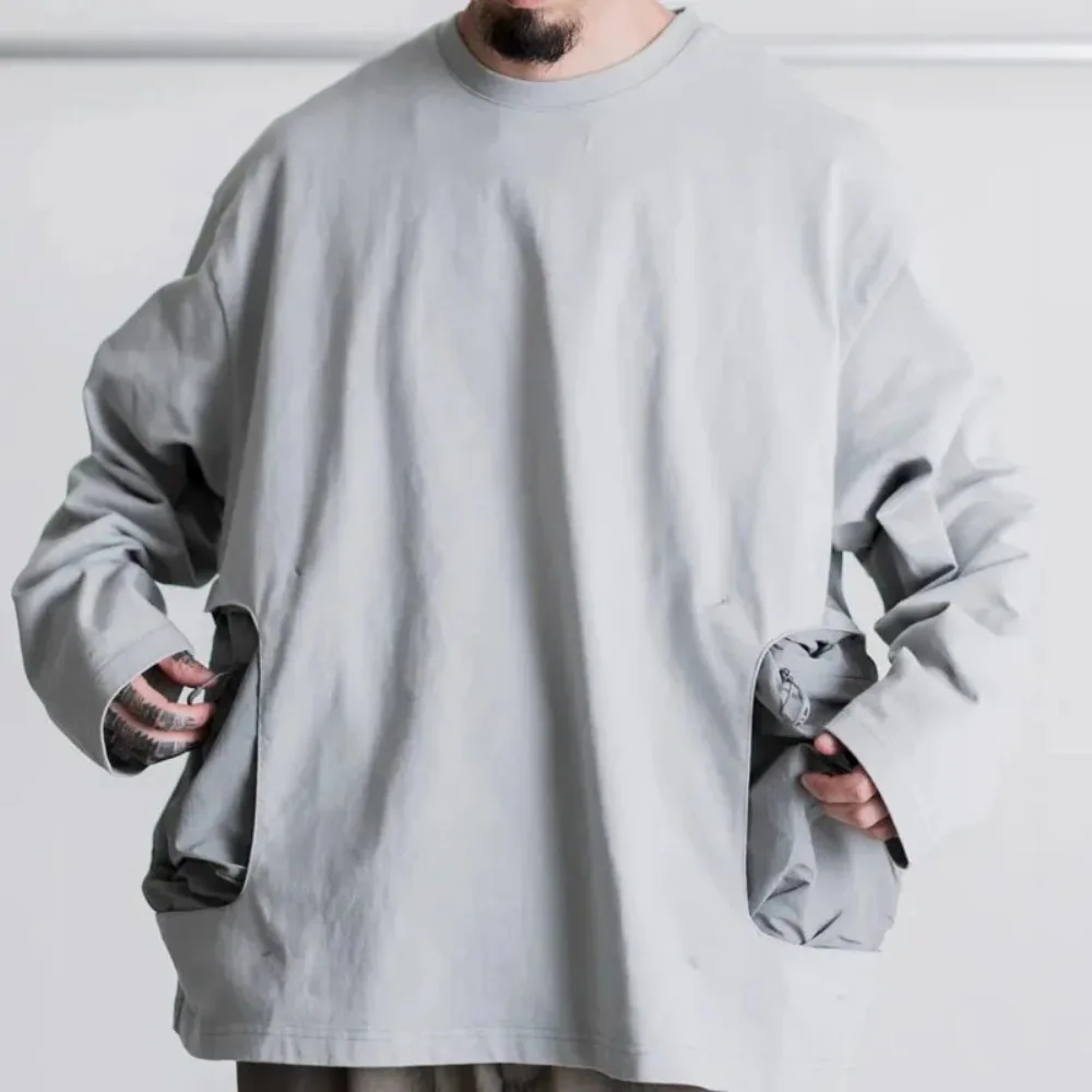 Japan Style CMF Men's Outdoor Spliced Long Sleeved T-shirt with Nylon Pocket Loose Cotton Base