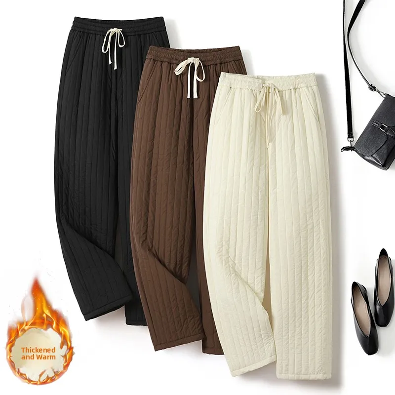 티엔드 코튼 팬츠 여성용 겨울 바지 안감 있는 와이드 레그 끈 조절 방한 롱 팬츠 여성용