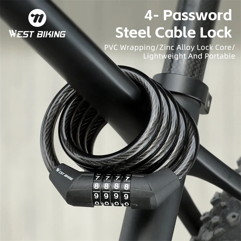 

WEST BIKING Bicycle Safety Steel Cable Lock Anti Theft 4 Digits Combination Password Motorcycle E-bike Cycling Elasticity Locks