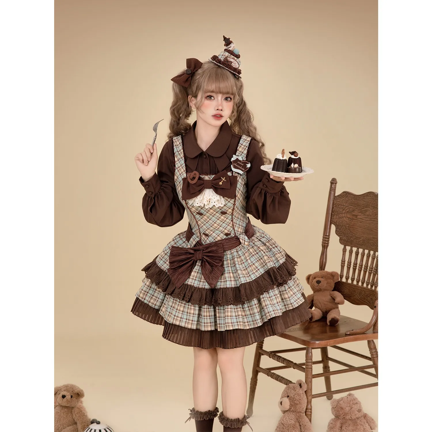 Abito da torta senza maniche al cioccolato menta carino e retrò Serie Lolita Set da due pezzi con mantello maglione autunno e inverno