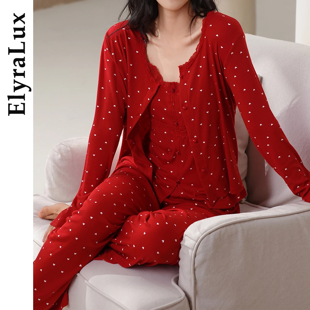 

ElyraLux женский пижамный комплект из трех предметов с принтом сердца, на бретельках, кардиганом и брюками, мягкая уютная одежда для сна, домашняя одежда, наряд