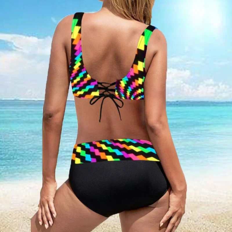 New Summer Women\'s Resort Style Swimwear Fashion Design Rainbow Curve Printed Swimsuit Two Piece Set S-5XL