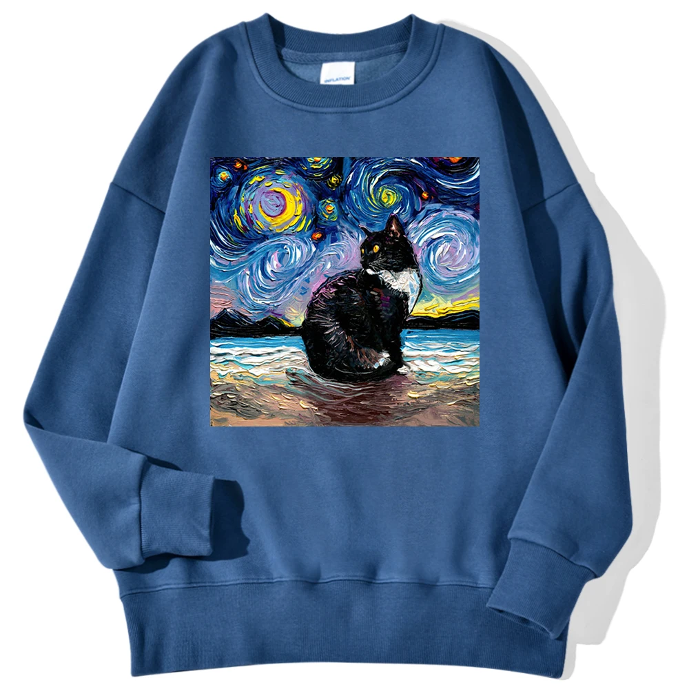 Cat Starry Sky Universe Prints Male Sweatshirt Fashion Loose Autumn Hoodies Soft Fleece Casual Pullovers Simple O-Neck Clothes