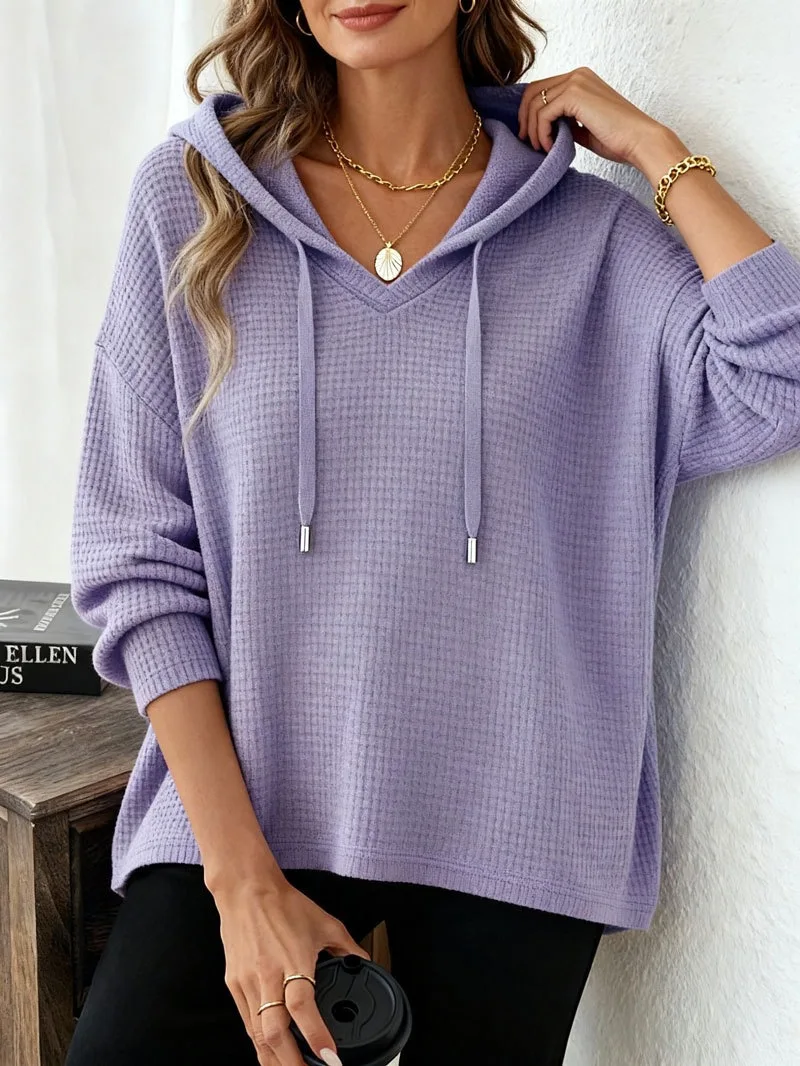 Women's New V Neck Henley Hooded Pullover Sweatshirt Drawstring Long Sleeve Loose Fit Trendy Casual Office Daily Wear Hoodie Top