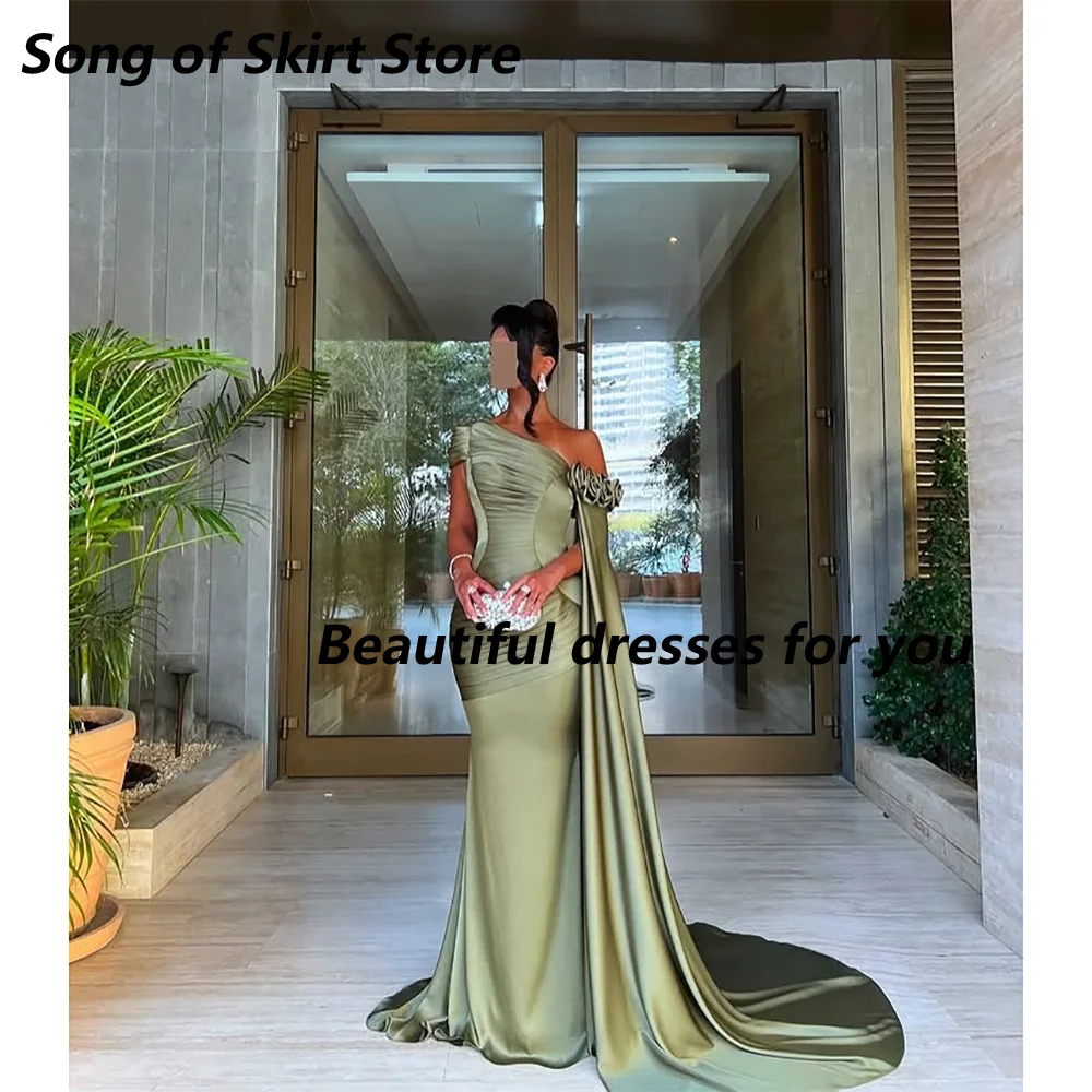 

Olive Green Evening Dresses Customized Off Shoulder Flower Pleats Satin Mermaid Floor Length Evening Gown Saudi Arab Prom Gown