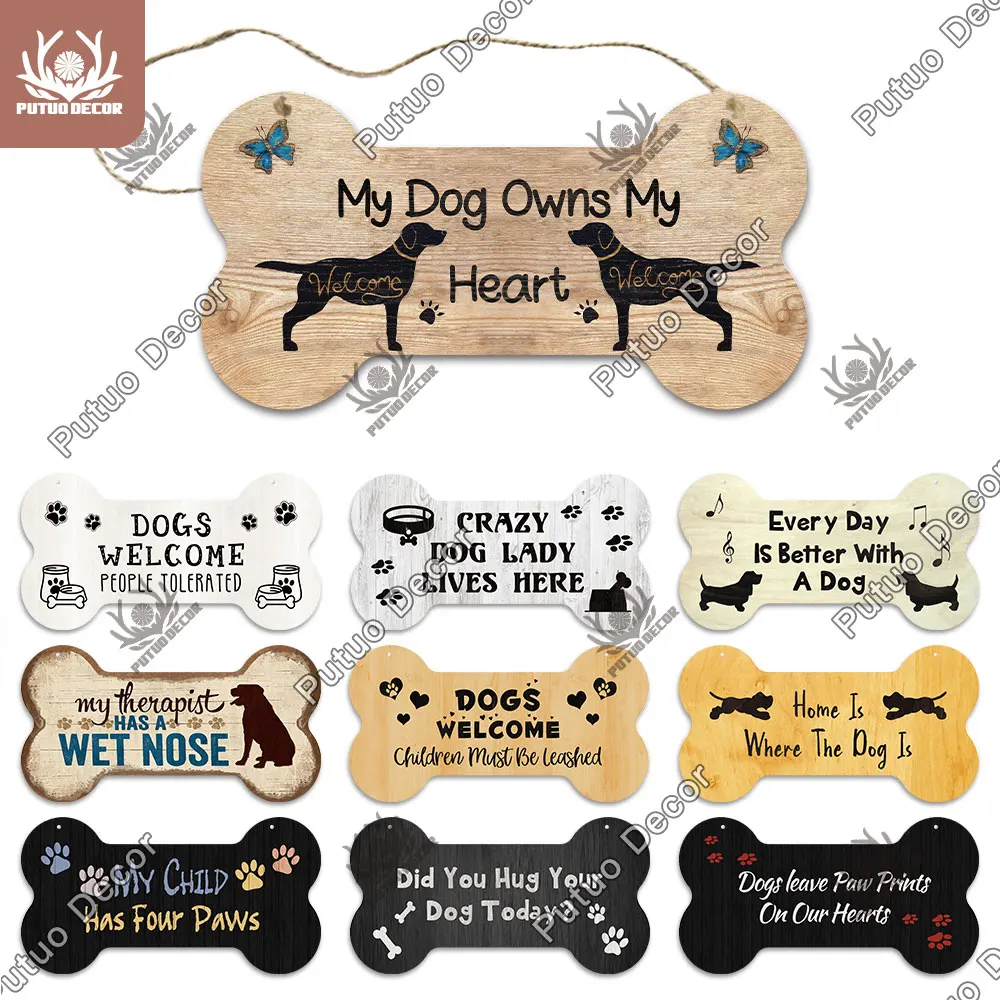 Putuo Decor-Pet Bone Sign Plaque, Wood Lovely Love, Friendship Hanging Plaque for Kennel Decoration, Wall Decor, Pooch Tag Gifts