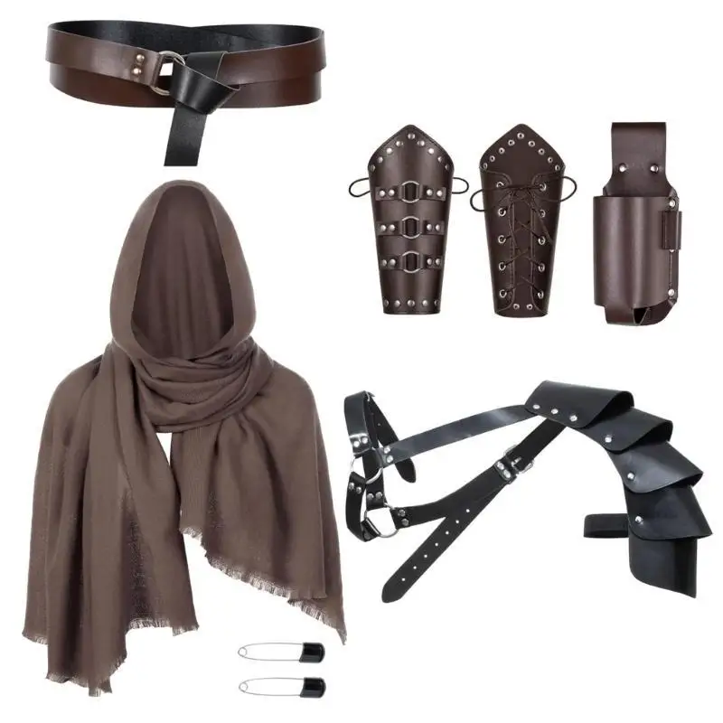 

39BB Historical Reenactment Accessories Set Medieval Knight Outfit with Protective Gear Armors and Decorative Shawl Scarf