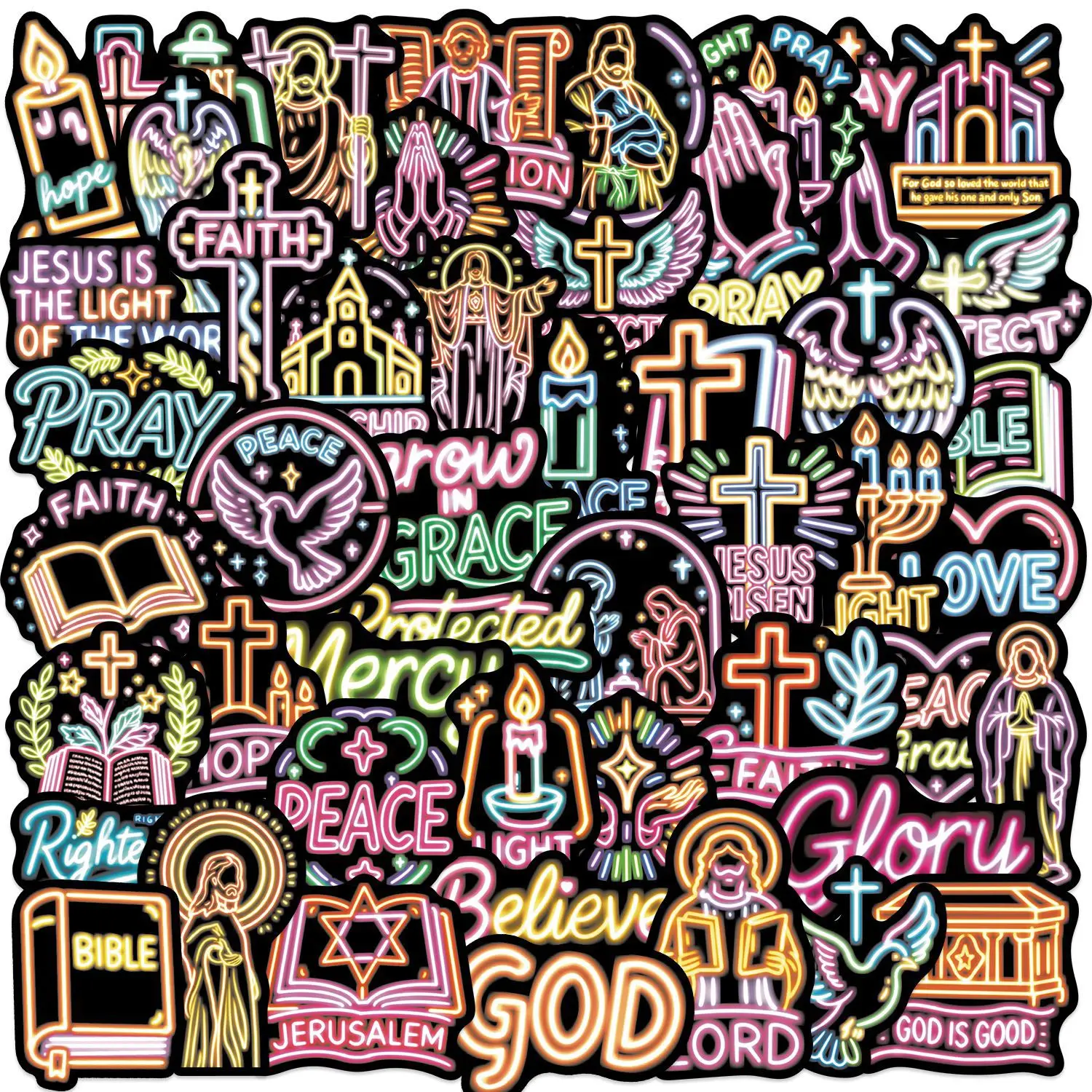 

50PCS Sticker Sets of Neon Bible Cartoons for Guitar Notebooks, Luggage, DIY Waterproof Decals