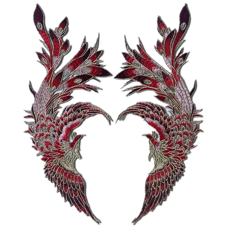 Have One Pair Chinese Style Red Phoenix Bird Sew On Embroidery Patches For Clothing Dress Applique Decoration DIY