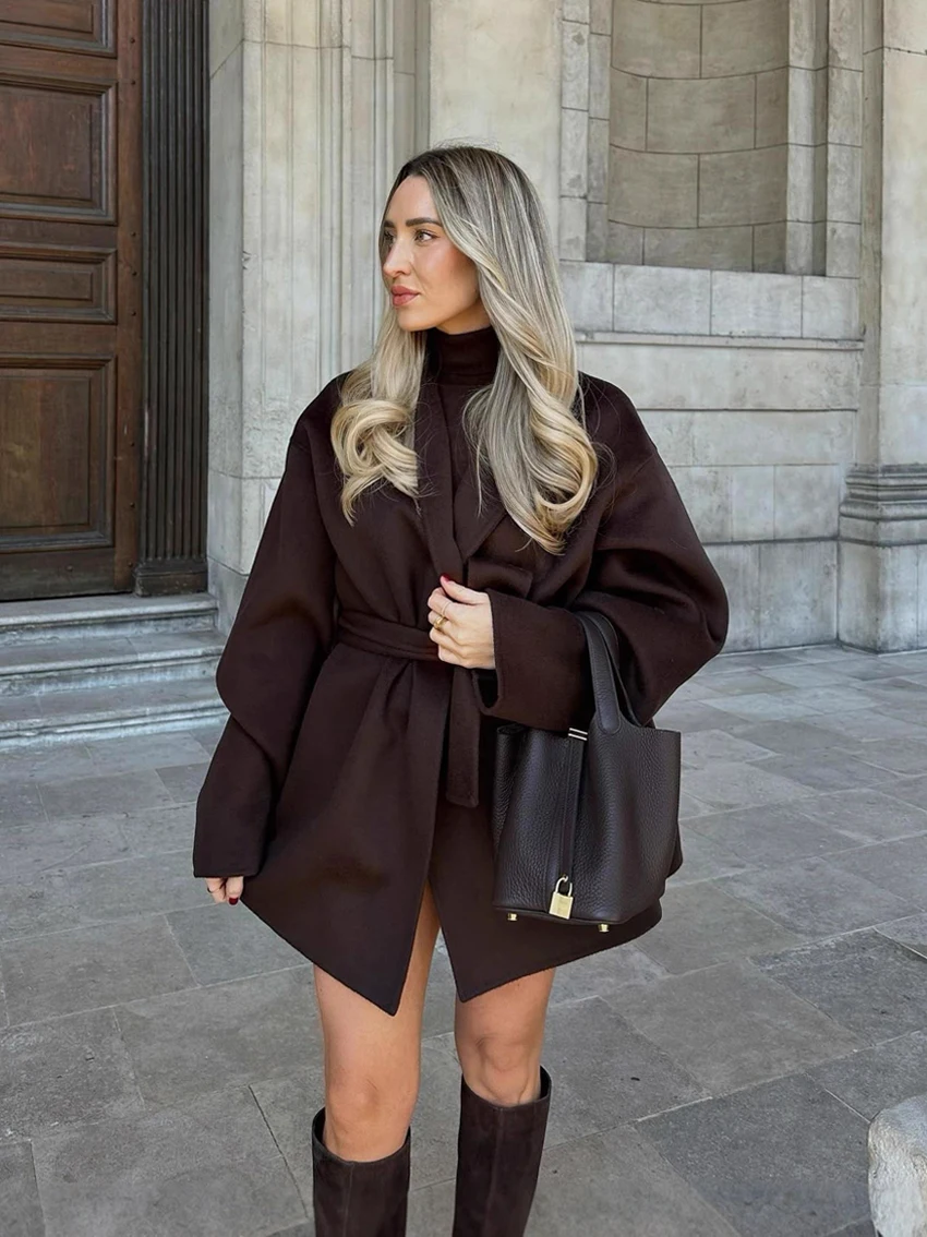 

Brown Women's Lace Up Coat Elegant Woolen Long Sleeve Jacket With Belt Autumn Casual Jacket Outerwear Office Lady Commute Coat