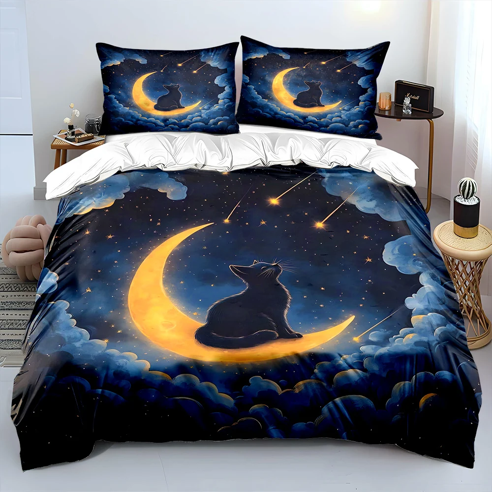 

Cat on Crescent Moon Under Shooting Stars Bedding Set 1 Duvet Cover 2 Pillowcases for Adult and Children Luxury Gift Full Size