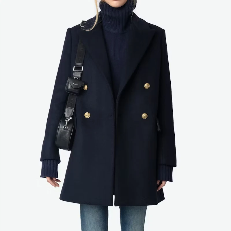 Wool Blazer Female Navy Blue Suits Women Casual Lapel Long Coat Ladies Button Winter Jacket Elegant Blazers Formal Occasion Suit