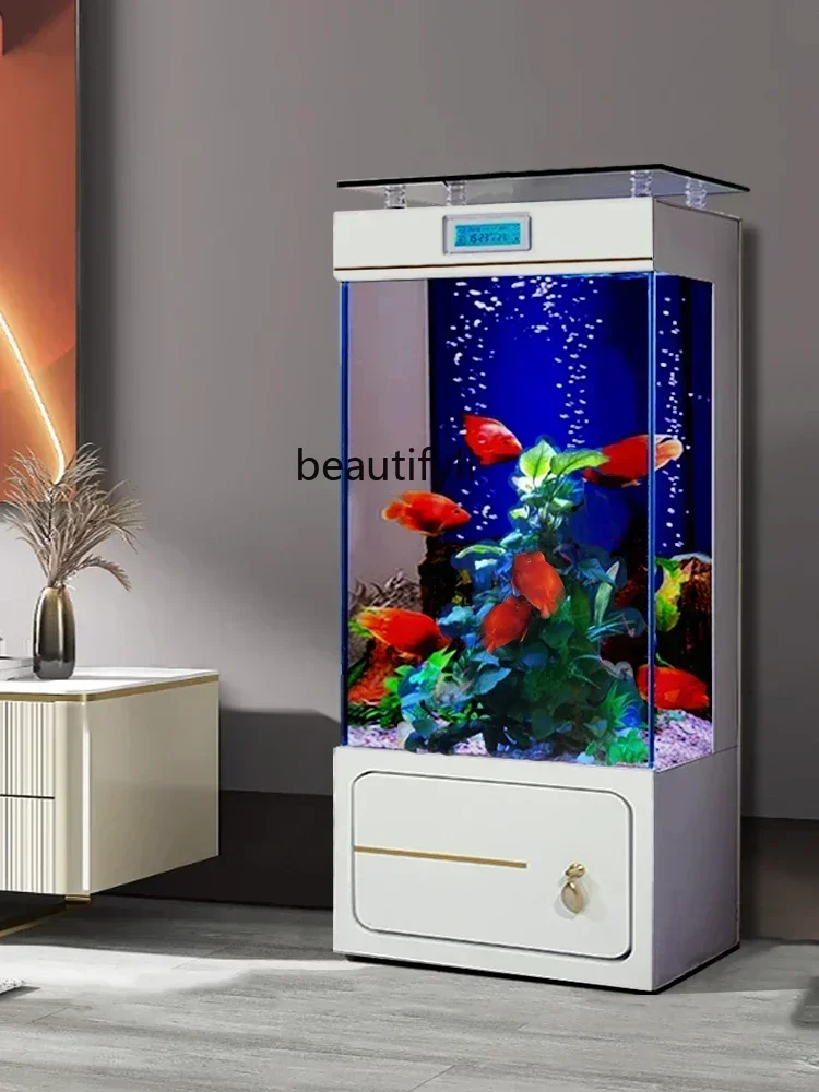 

Household Super White Floor Fish Tank Light Luxury Back Filter Wall-Free Aquarium Vertical Fish Globess