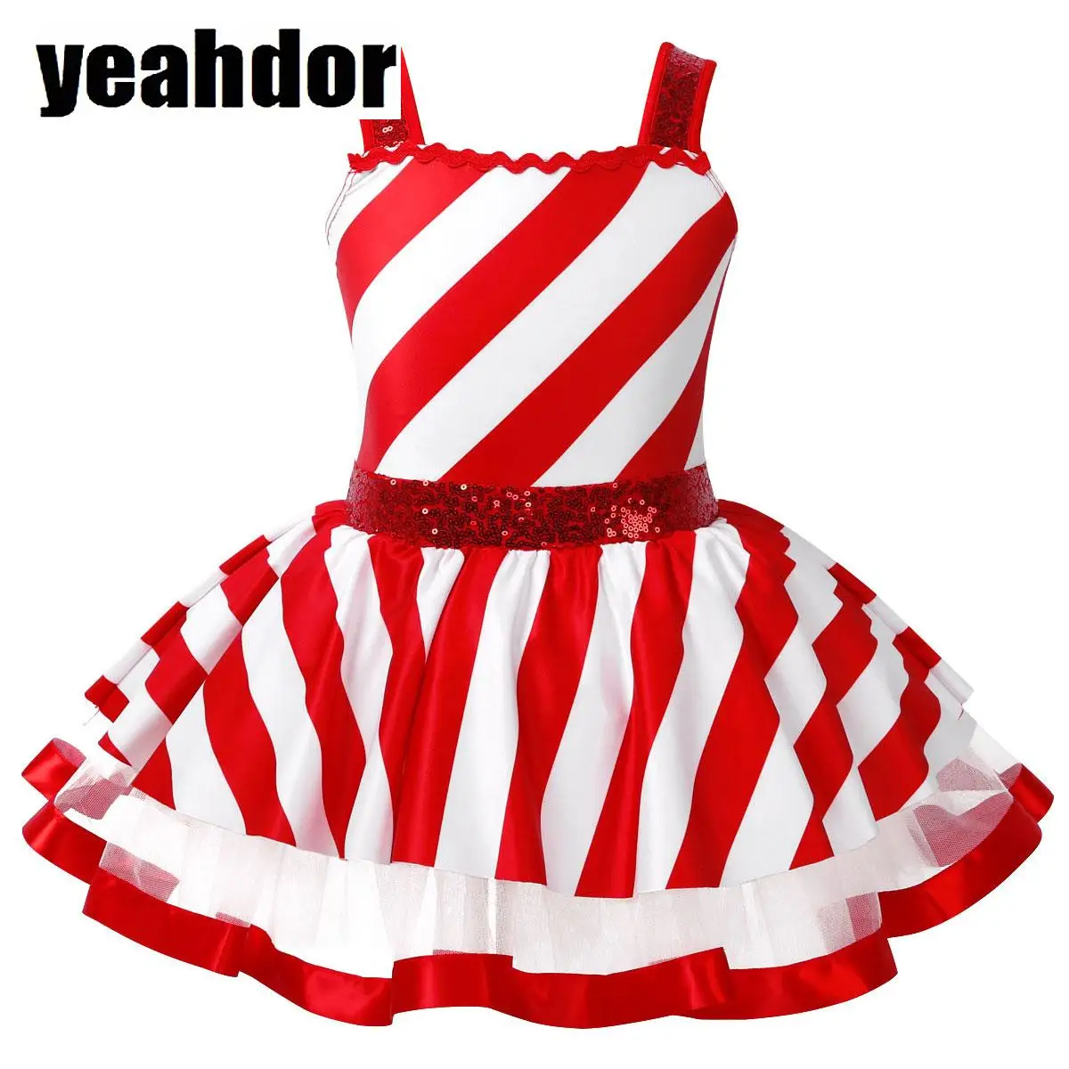 

Girls Christmas Ballet Dance Dress Sleeveless Sequin Stripe Candy Cane Dress Gymnastic Leotard Figure Skating Cos Elf Costumes