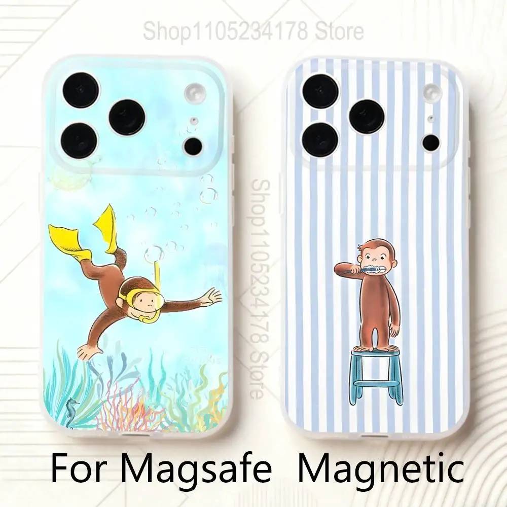 Mokey C-Curious G-George Frosted Clear Magnetic Case for iPhone 17,16,15,14,13,12,11 Pro,Max,Plus,Mini,Air,E