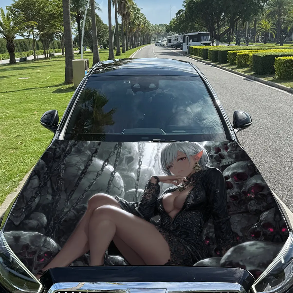 

Mysterious White - Haired Sexy Elf and Skulls Car Vinyl Wrap, PVC Material Waterproof Car Hood Sticker, Self-Adhesive Scratch-Re