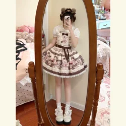 Victorian Sweet Lolita Jsk Dress Soft Bear Cartoon Cute Print Strap Dress Japanese Summer Girl Kawaii Party Suspenders Dresses