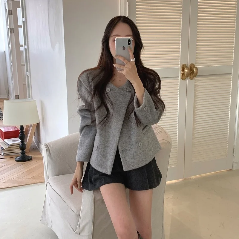 

Элегантное и повседневное простое шерстяное пальто с круглым вырезом и двухрядными пуговицами, хлопковое шерстяное пальто с зажимом для осенне-зимней куртки