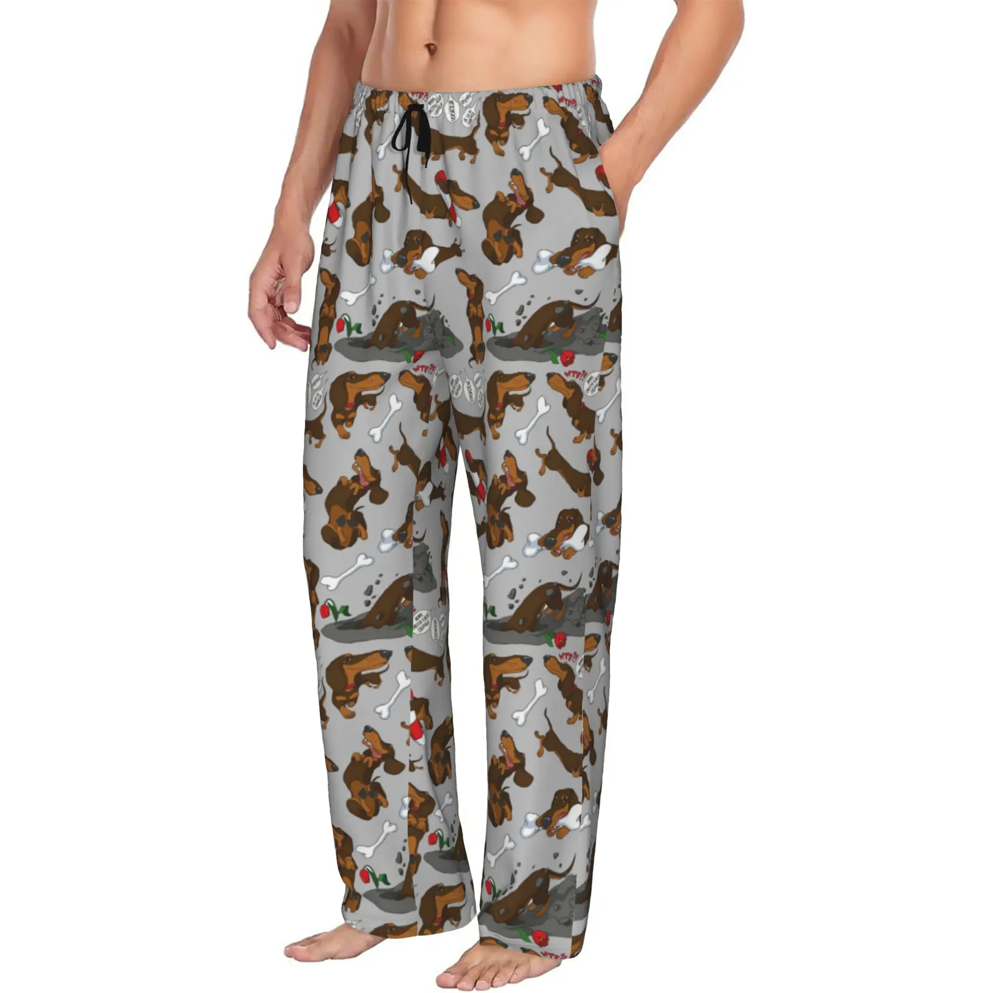 Custom Men's Funny  Dachshund Cartoon Pattern Pajama Pants Print  Sleep Sleepwear Bottoms with Pockets