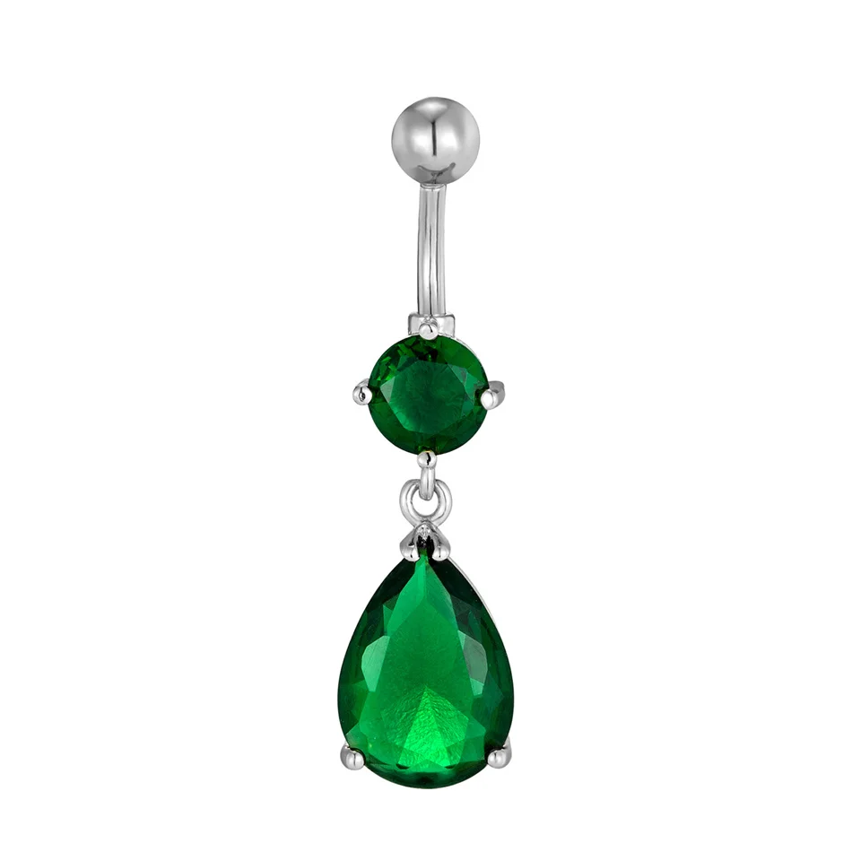 Elegant Green Water Drop Zircon Belly Button Ring Luxury Women Body Jewelry 14G Surgical Steel Navel Piercing Bar Sexy Accessory