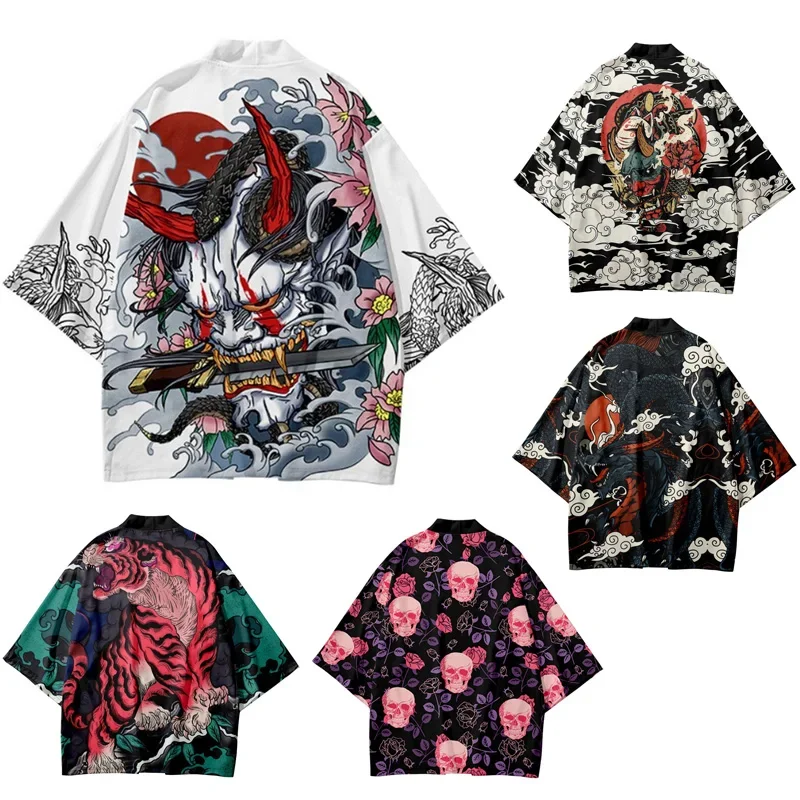 

Summer Demon Tiger Print Cardigan Men's Chinese Dragon Skeleton Pattern Japanese Kimono Asian Traditional Costume Cosplay Coat