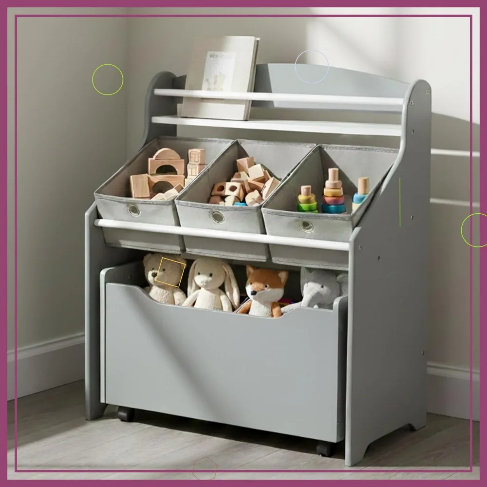 رف كتب للأطفال 3 في 1 ومنظم تخزين الألعاب مع صندوق دوار وصناديق قماش لغرفة اللعب في الحضانة