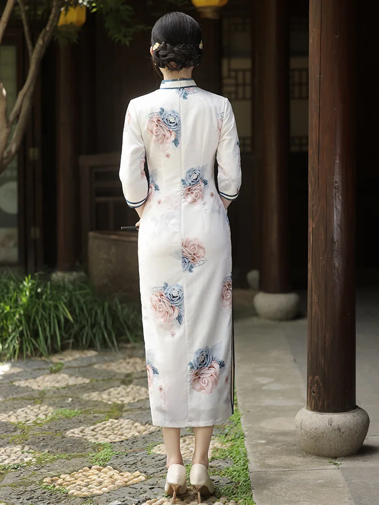 Elegant Sexy Seven Points Sleeve Printed Satin Long Cheongsam Chinese Style Qipao Retro Daily Party Dress