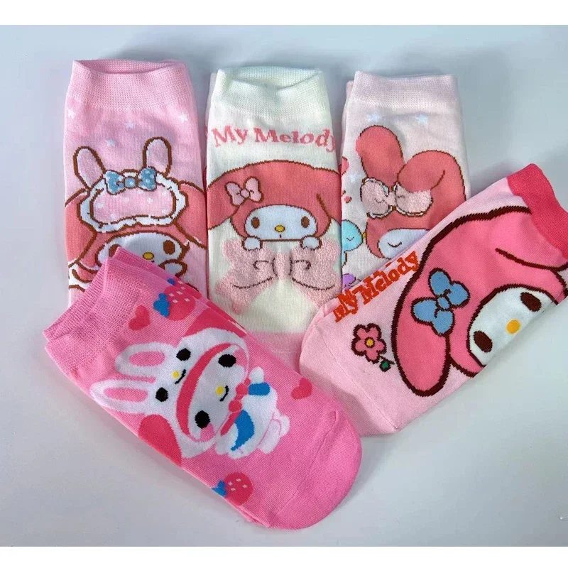 5 pares de calcetines cálidos transpirables de algodón con dibujos animados de Sanrio My Melody, calcetines invisibles de Navidad para mujeres y niñas, regalos para niños