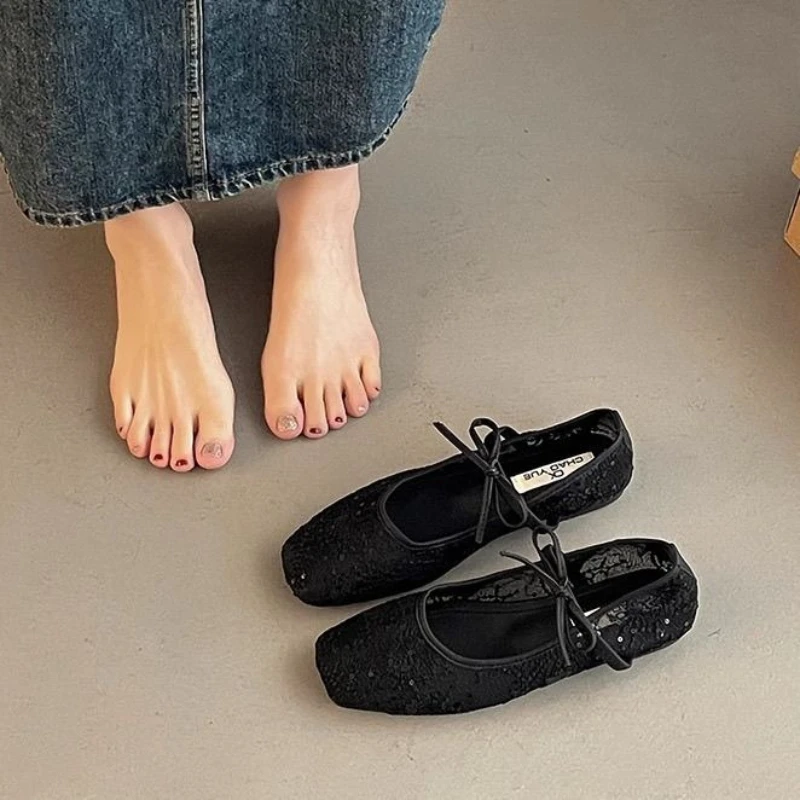 

Women's New Arrivals Mesh Mary Janes Shoes Spring Summer Flat Sequins Lace Bowknot Breathable Iridescent Fairy Loafers