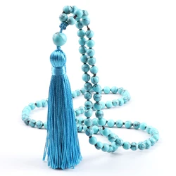 Bohemian 108 Mala Beads Necklace Vintage 6mm Synthetic Turquoise Tassels Rosary Prayer Necklaces Women Men Meditation Jewelry