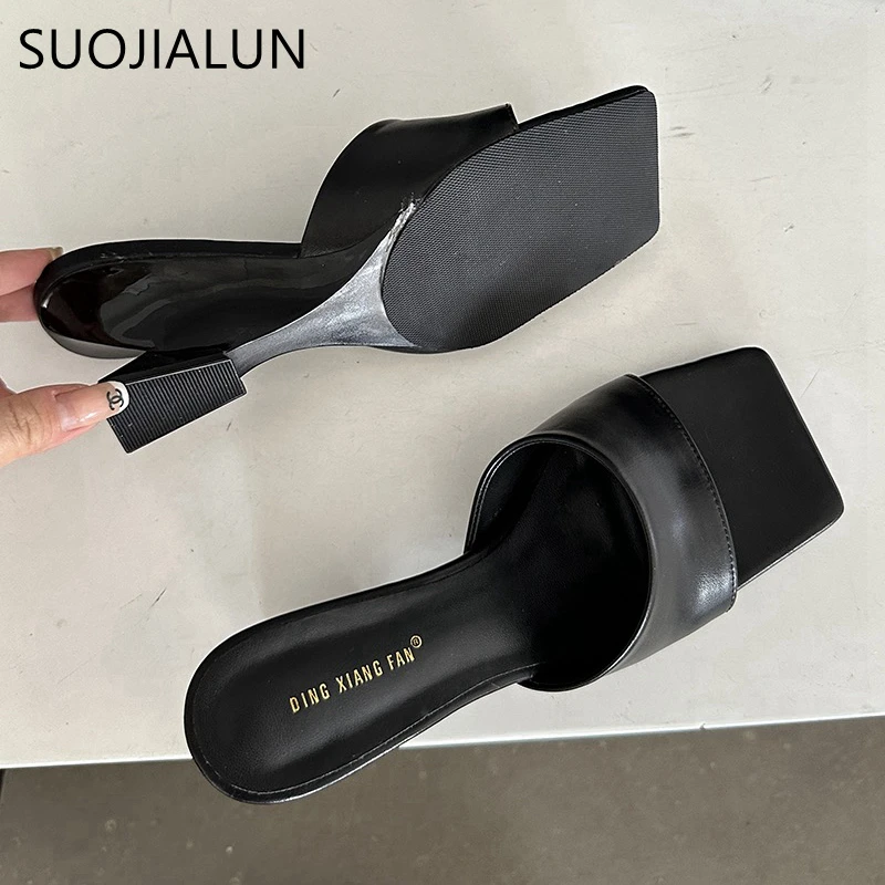 SUOJIALUN 2024 Summer New Brand Women Slipper Fashion High Wedge Heel Ladies Elegant Dress Slides Shoes Square Toe Slip On Sanda