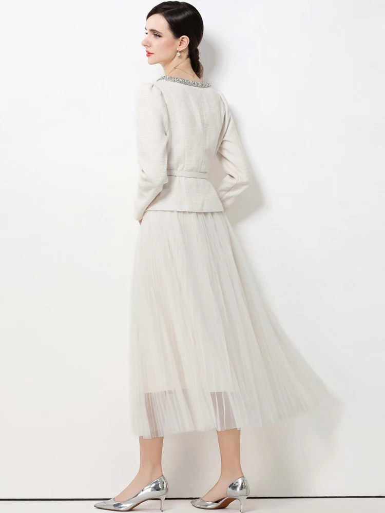 Elegant Rhinestone beading jacket Women's  2 Piece set 2026 Spring Autumn Tweed coat with belt and Mesh midi skirt INKEO 5O135