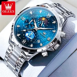 OLEVS 9807 Men's Quartz Watches Diamond Roman Scale Moon Phase Waterproof Trend Multi-function Watch for Men Elegant Men Clock