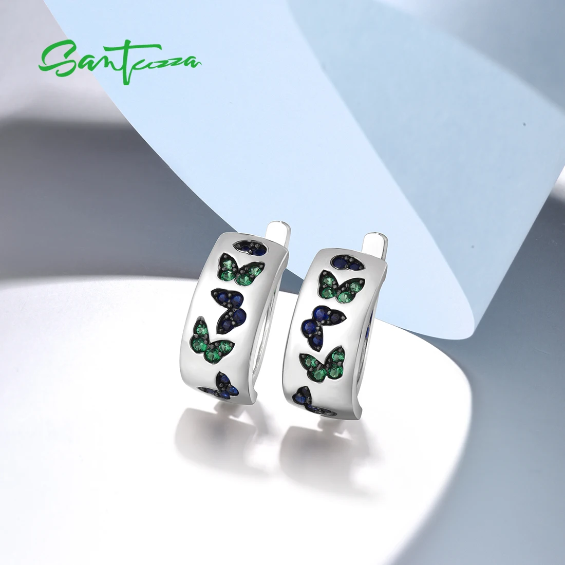 SANTUZZA Pure 925 Sterling Silver Earrings For Women Sparkling Blue&Green Spinel Lovely Butterfly Fantastic Wedding Fine Jewelry