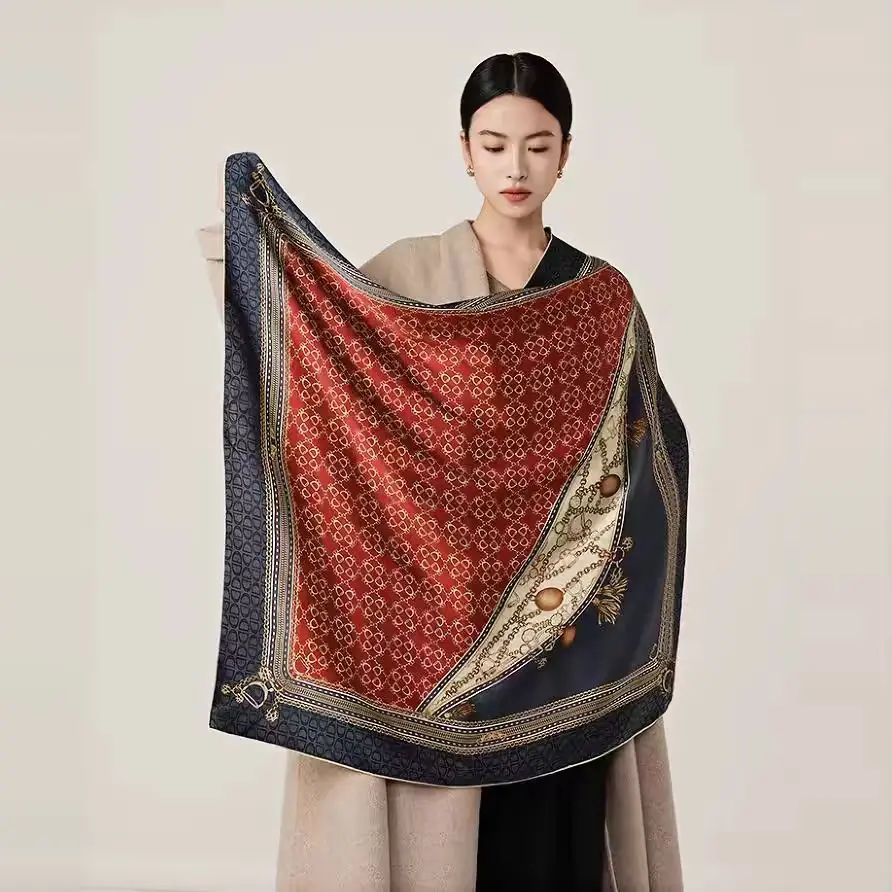 

Двусторонний шелковый шерстяной шарф 85 см, зимние роскошные дизайнерские ручные скрученные шали, женские квадратные банданы, шарфы, рождественский подарок для мамы