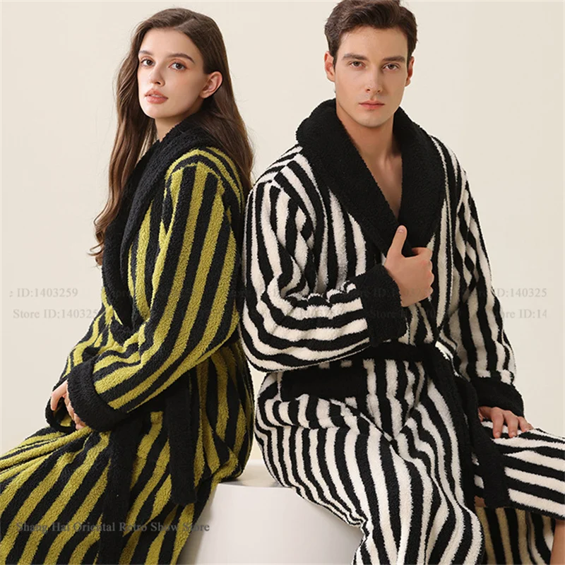 

Fashion Stripes Flannel Couple Long Robe Sleepwear Winter Warm Women Nightgown Bathrobe Loose Thick Coral Fleece Homewear Pajama