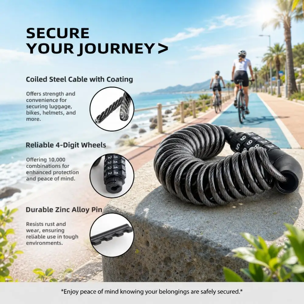 Bicycle 4 Digit Password Steel Wire Rope Lock Bike Steel Wire Chain Lock Motorcycle Anti-theft Code Helmet Lock Bike Accessories gallery 2