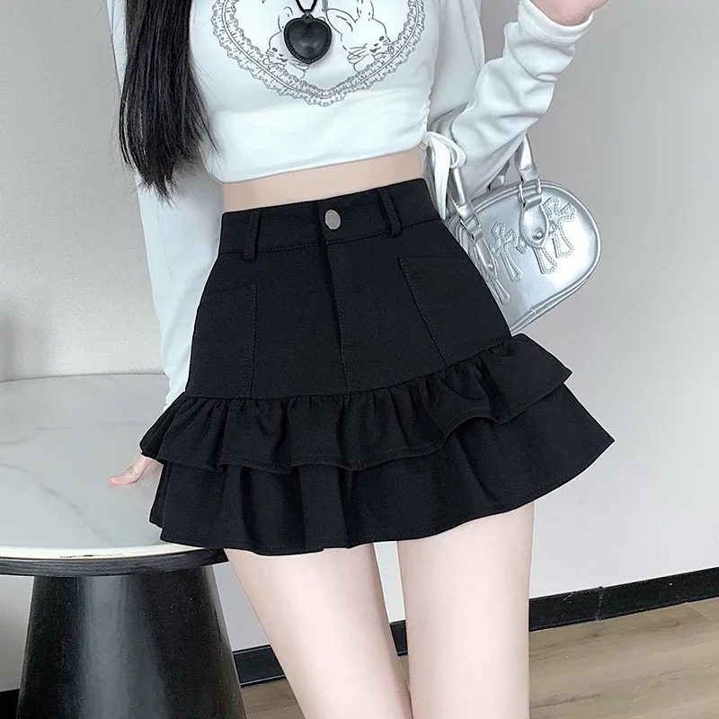 High waisted pleated skirt women\'s A-line skirt 2024 autumn and winter thick slimming skirt ruffle edge cake skirt short skirt