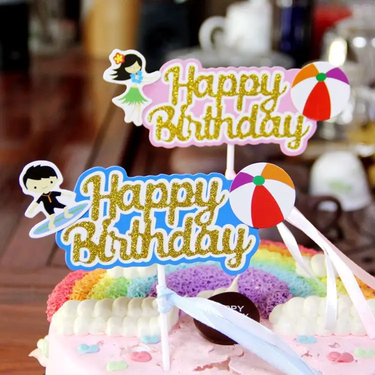 

Wholesale Cake Topper Happy Birthday Boy Girl Summer Beach Seaside Princess Party Diy Baking Cakes Decoration Baking Supplies
