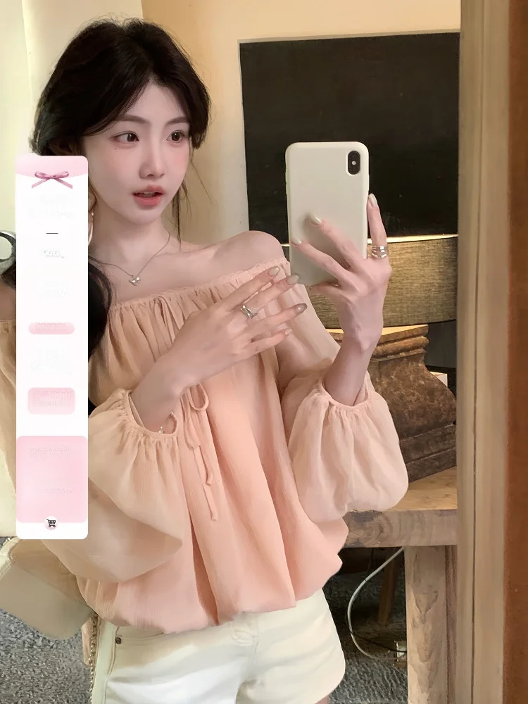 

Pink Chiffon One-Shoulder Long Sleeve Women's Shirt Early Spring High-End Sensation Unique Exquisite Korean Style Loose Fit Top