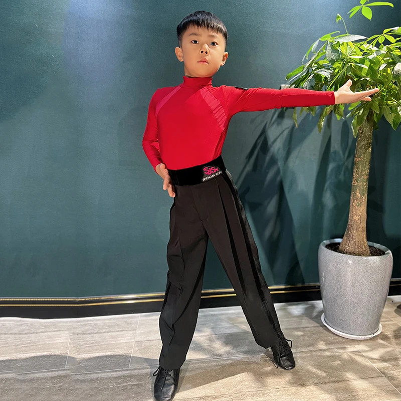 Kids Latin Dance Clothes Boys Red Long Sleeves Tops Black Competition Pants Cha Cha Ballroom Dance Training Dancewear DNV21108