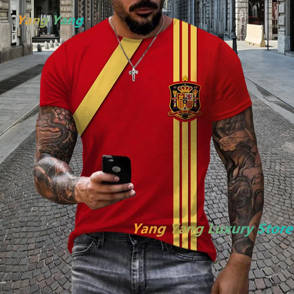 2024 New Cool Summer Unisex Spanish Flag 3D Printed T-shirt Men\'s and Women\'s Casual Spanish T-shirt Short Sleeved