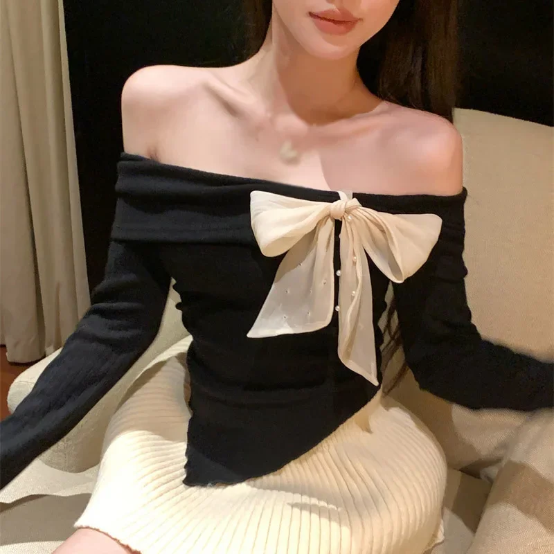 Knit Sweater Korean Version Off Shoulder Tie Bow Slim Fashion Irregular Christmas and Spring Festival Top