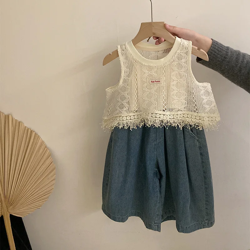 

Girls' Korean hollow vest solid color suspender 2025 summer new loose wide leg jeans three piece set