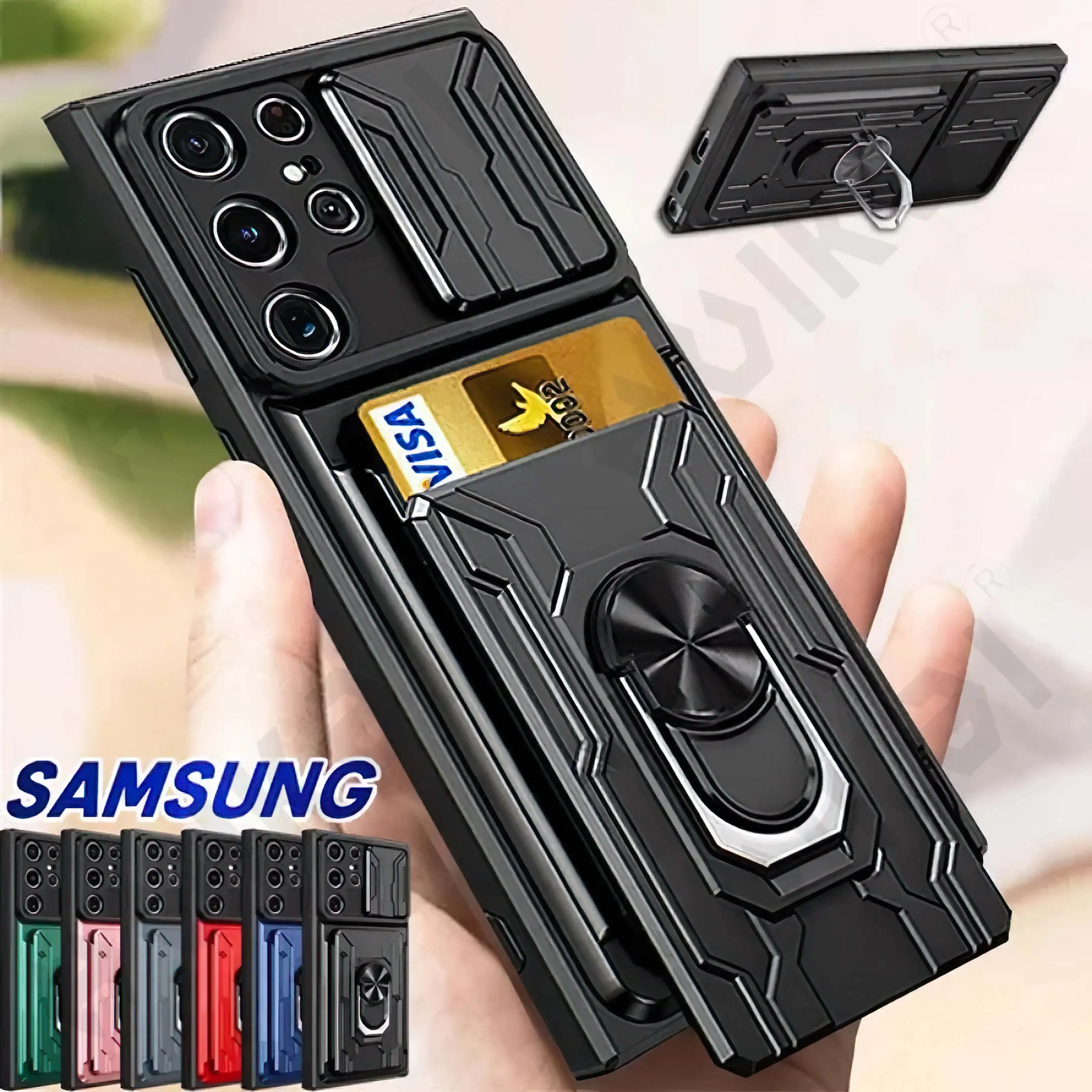 Case For Samsung Galaxy S24 Ultra Plus 4G 5G  Slide Camera Card Holder 360° Ring Cover