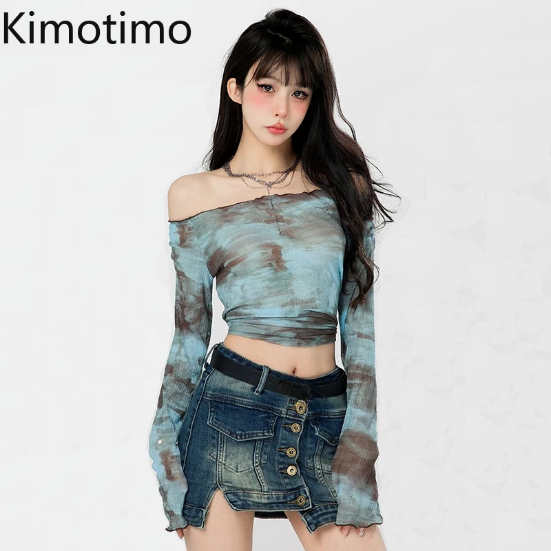 Kimotimo Mesh Tie Dye Print Slash Neck T-shirts Women Summer Sexy Thin Long Sleeve Slim Crop Top Y2k Aesthetic Streetwear Tees